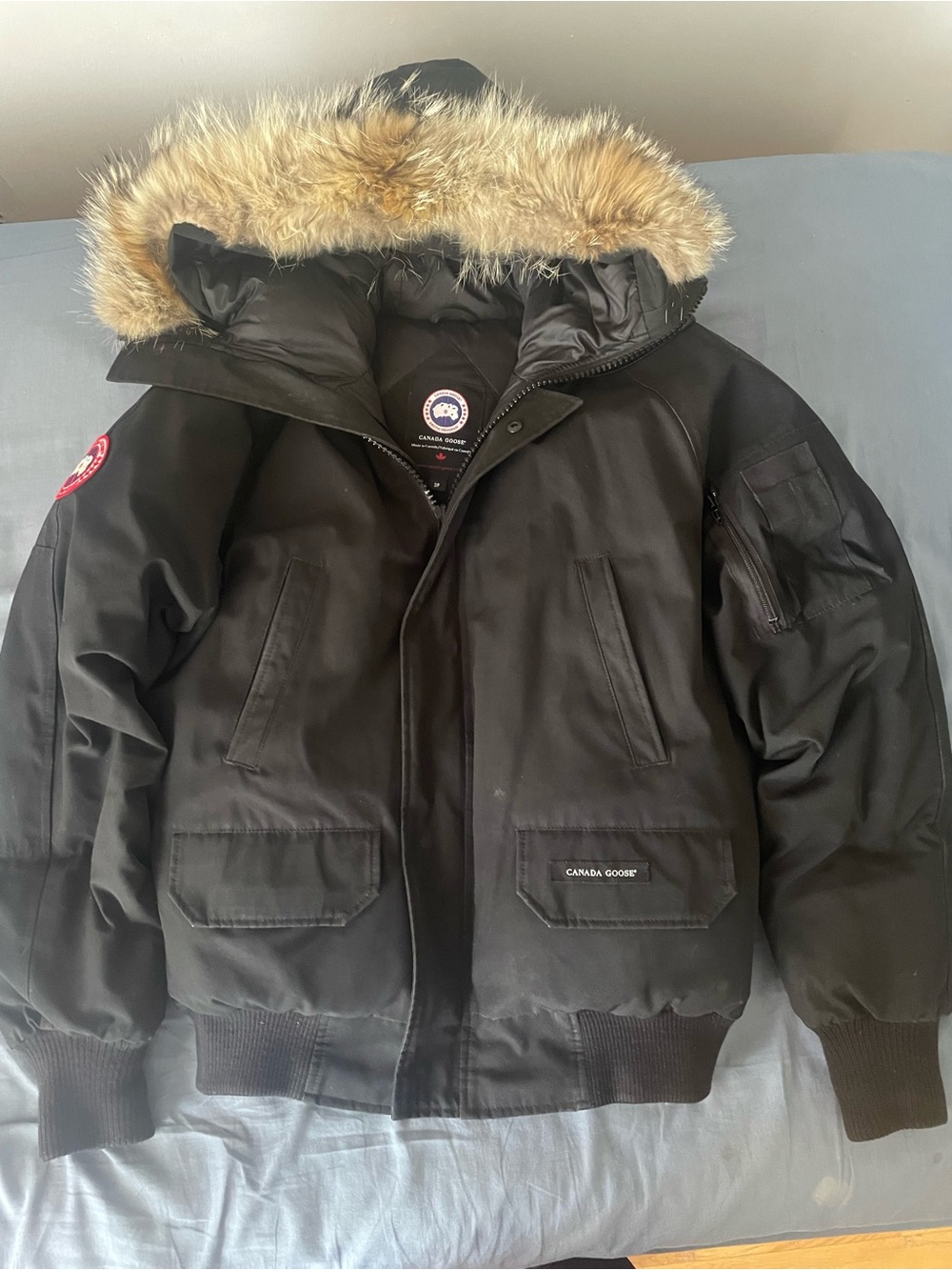 Canada Goose Black Men’s Bomber-Style Parka with Fur Trim Hood Chilliwack